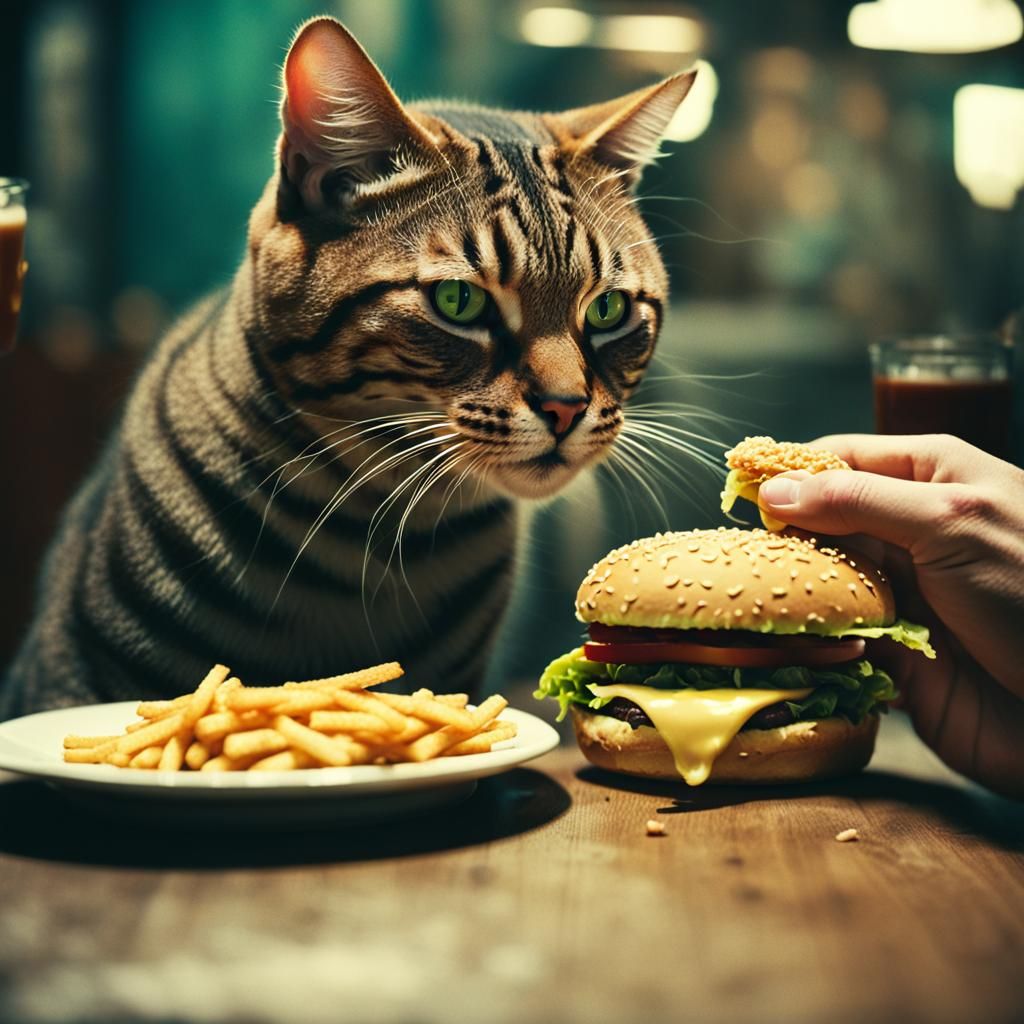 a cat eating a burger