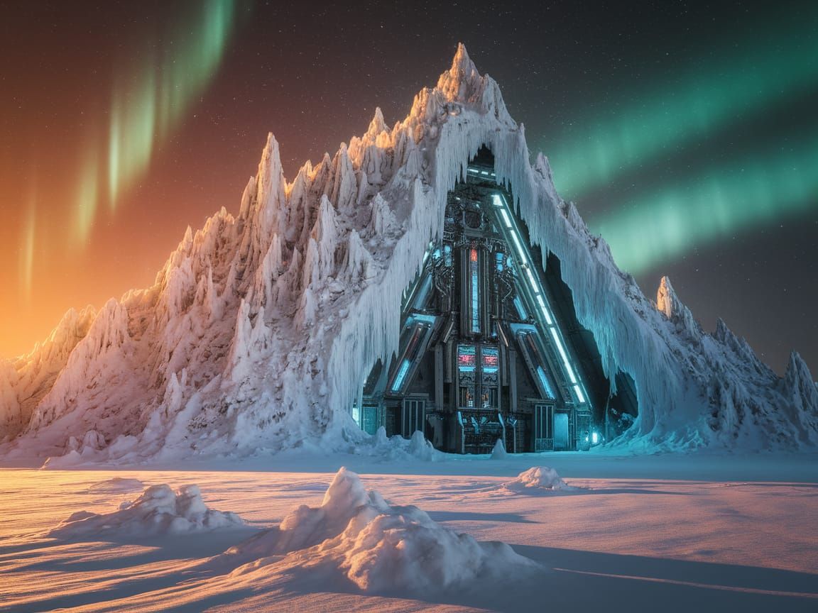 An arctic hideout of an old man evil mastermind with ufos hovering above it. The figure of the old man mastermind is seen looming over the h... - Start Image 1
