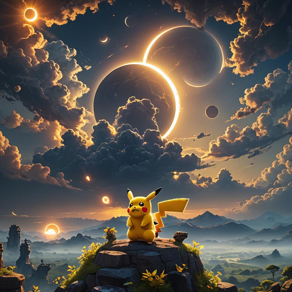 pikachu looking at the solar eclipse with a aroura in the sk...