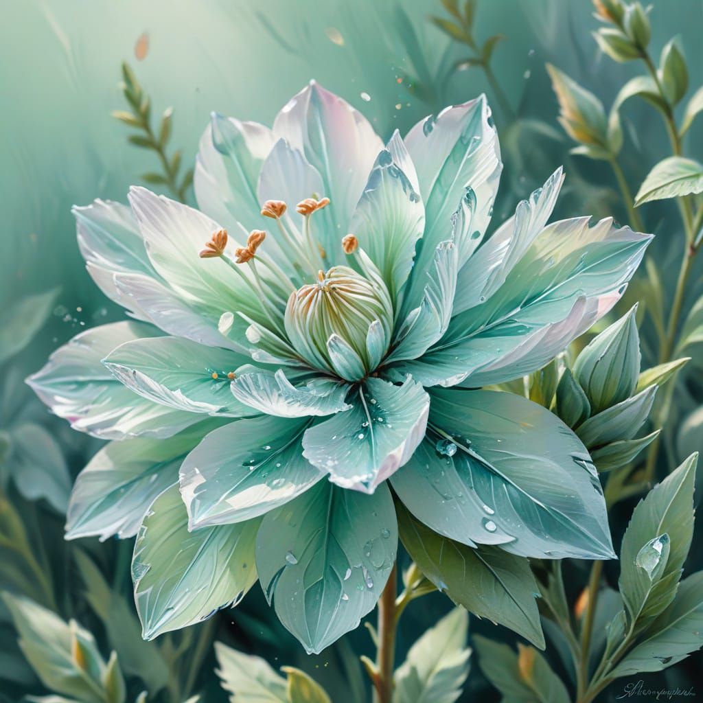 crystal flower, completely transparent, pastel mint shade, flower close-up. soft light, detailed image, ...  by @Sigas