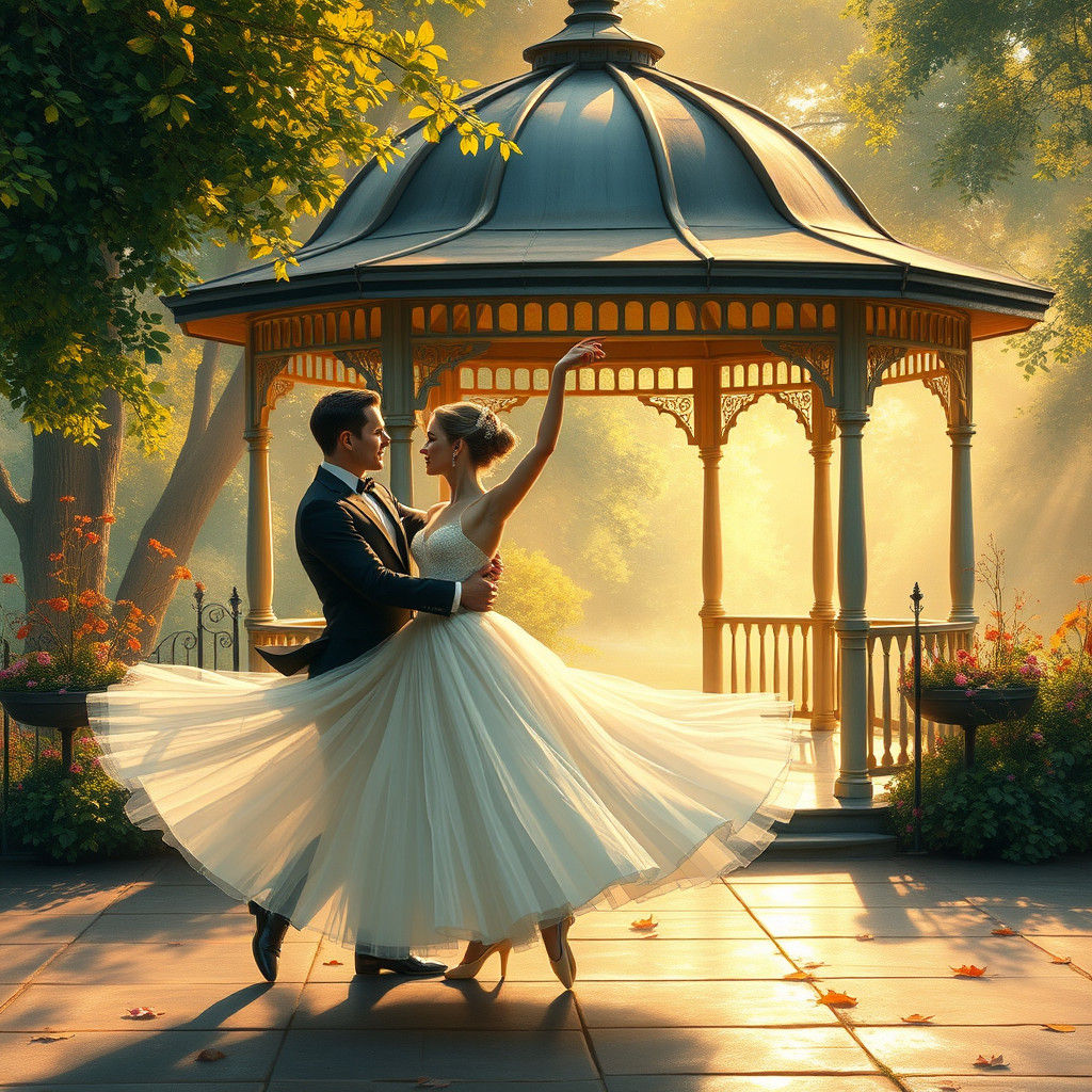 Elegant ballet couple dance by a lighted gazebo in a beautiful summer/autumn setting  by @OnyxRose
