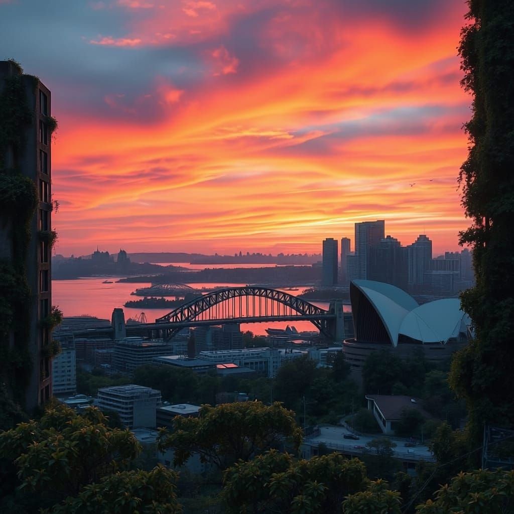 A view of Sydney Harbour at dusk, lit up beautifully with all the colours of the sunset, but different as this scene is set in post-apocalyp...