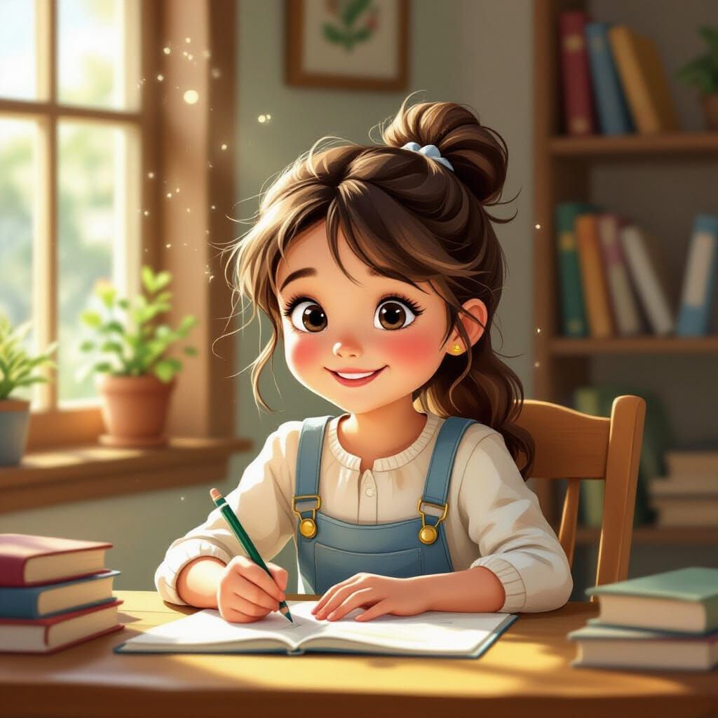 Girl Completes Homework With Satisfied Smile