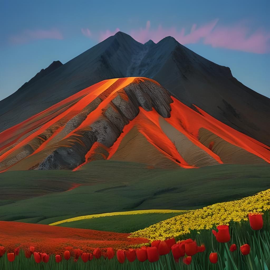 Explosive Floral Landscape with Volcanic Eruption