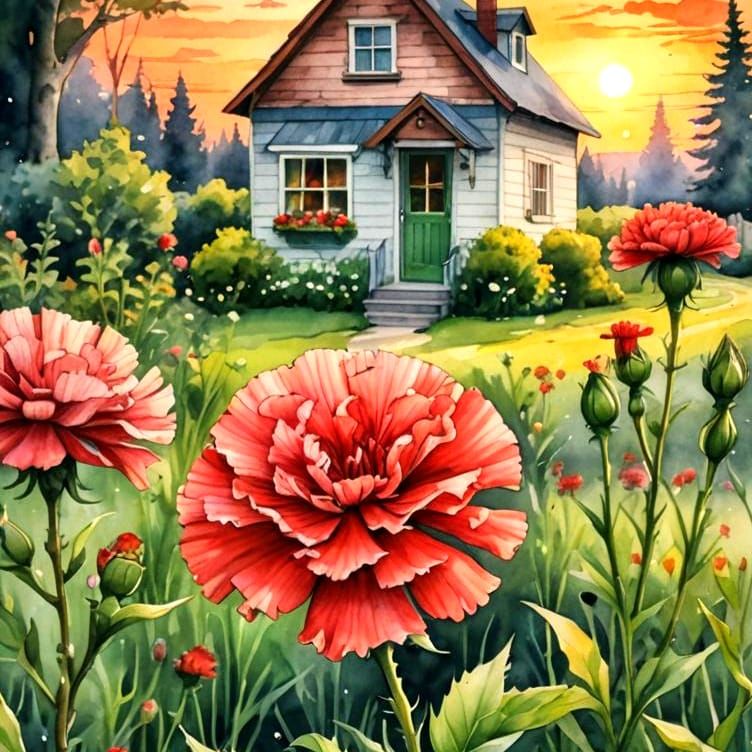 Watercolor Painting of a Garden with Red Carnations  by @Thomas-Future