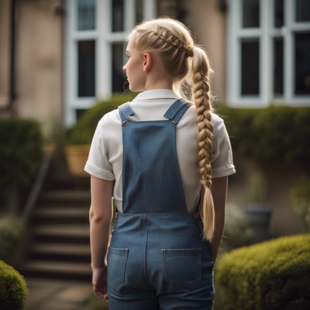 Blonde Girl With Two Braids Seen From The Back Wearing Denim Overall