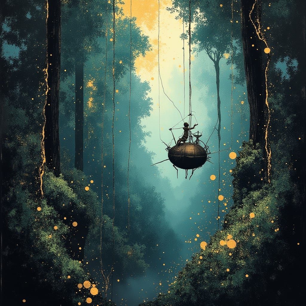 <lora:divineOil:1.0> An intrepid explorer piloting a steampunk-inspired airship through a dense, bioluminescent jungle canopy. Strange, exot...