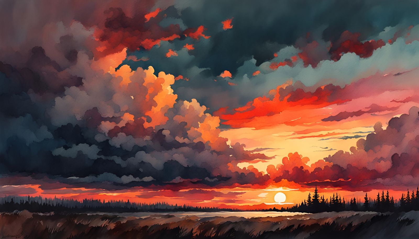 Watercolor Sunset Painting with Brush Strokes