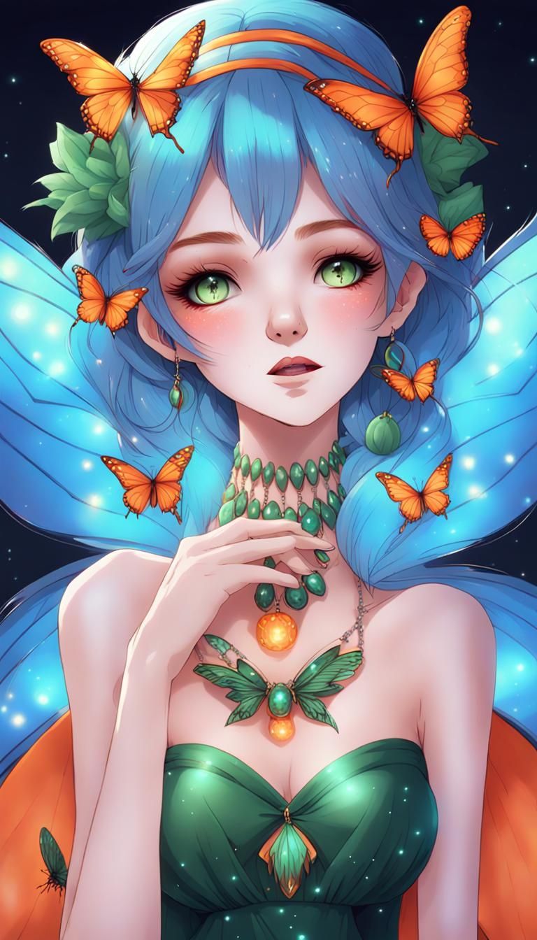 1girl, halloween fairy, perfect female anatomy, butterfly, bug, blue  butterfly, solo, jewelry, butterfly wings, wings, earrings, green dress...  - AI Generated Artwork - NightCafe Creator