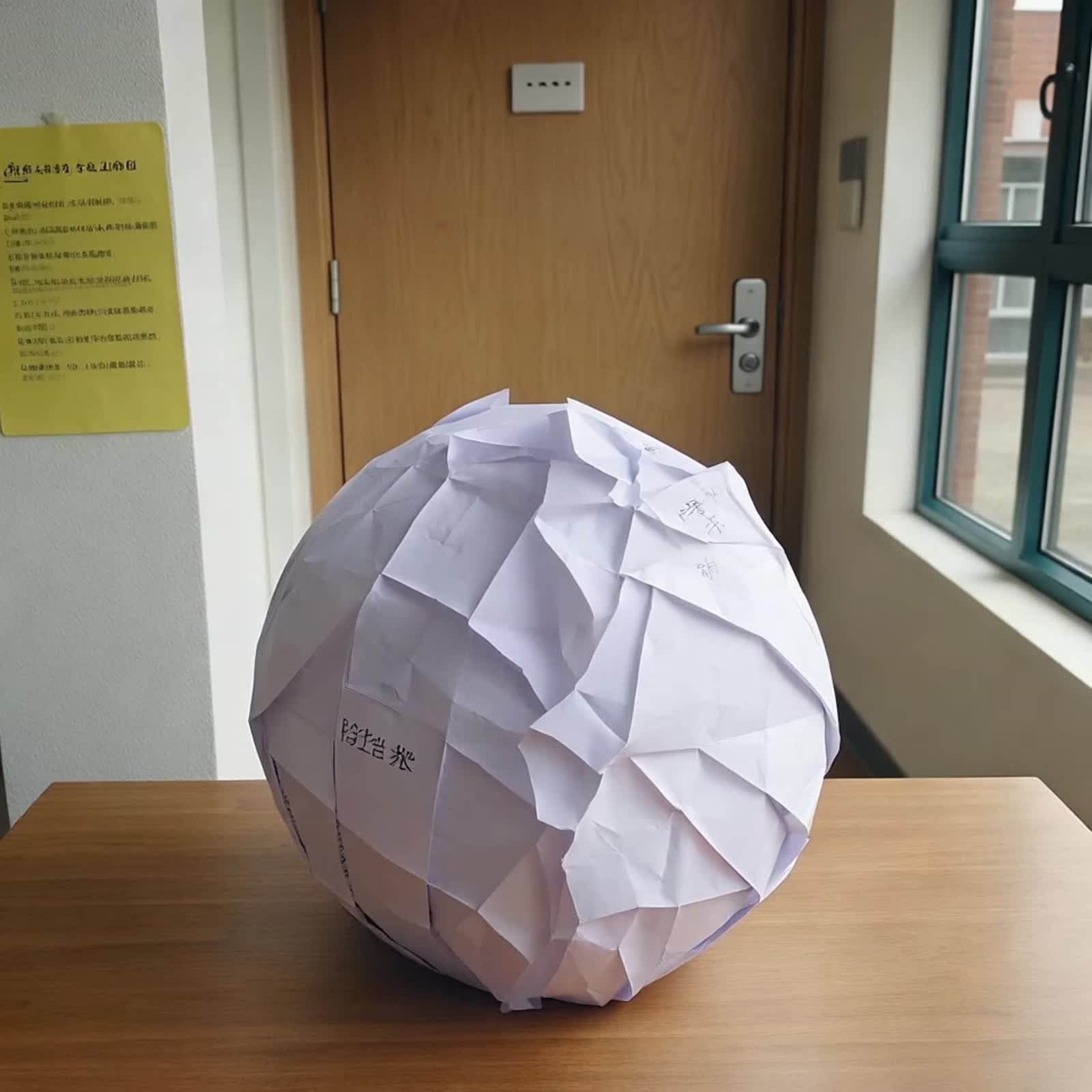 On a table in the hallway lies a crumpled piece of paper in a ball shape, the paper doesn't like being discarded so star...