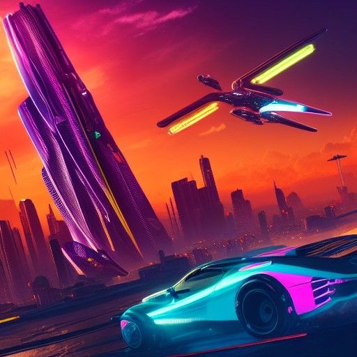 futuristic city with flying cars and sunset - AI Generated Artwork ...