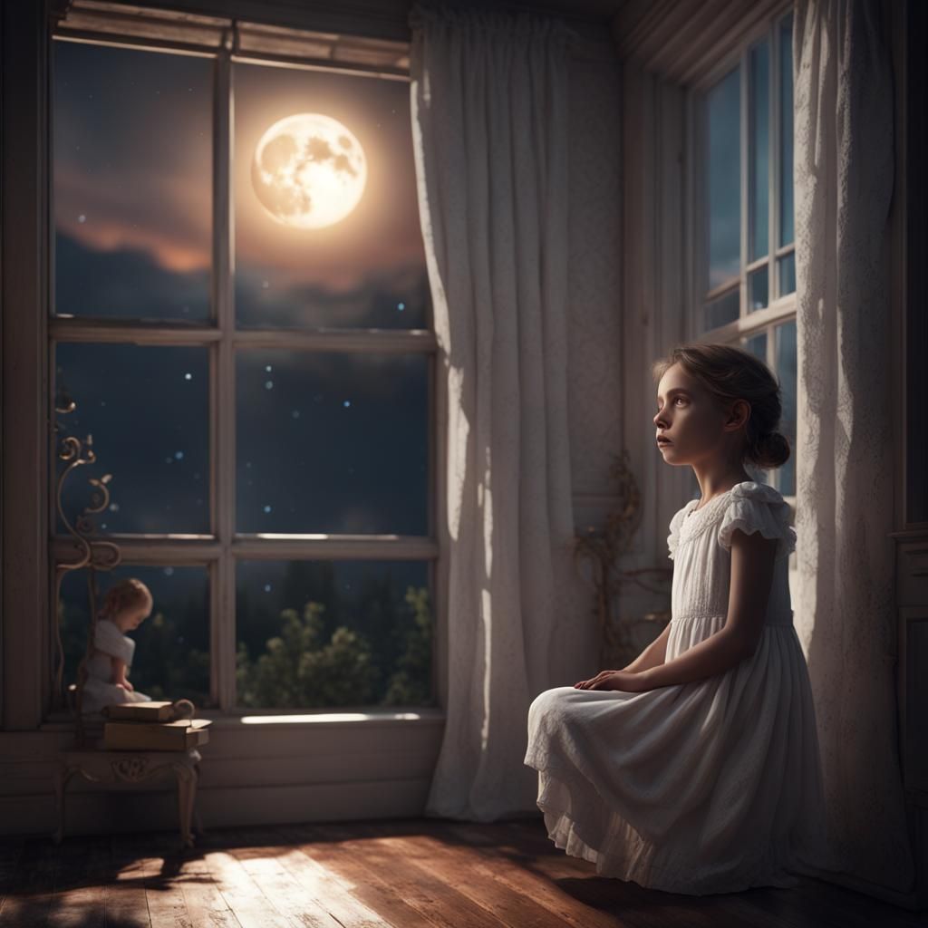Sorrowful depressed woman child wearing her white sunday dre...