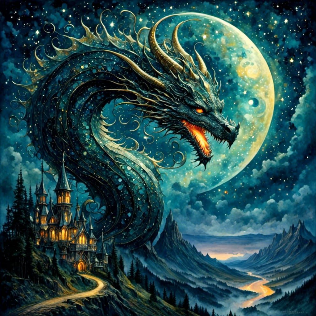 <lora:CelestialWhimsy:1.0> dragon, dynamic landscape, dazzling night sky 