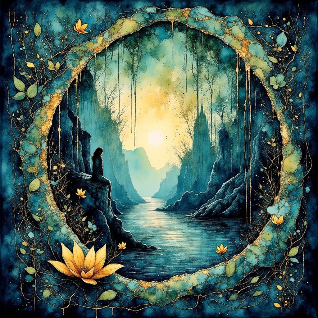 Beautiful abstract Celtic art, patterns of blue green and gold, evoking the isle of Skye and the Highlands, inspiring, <lora:Ink Poet:1.0> <...