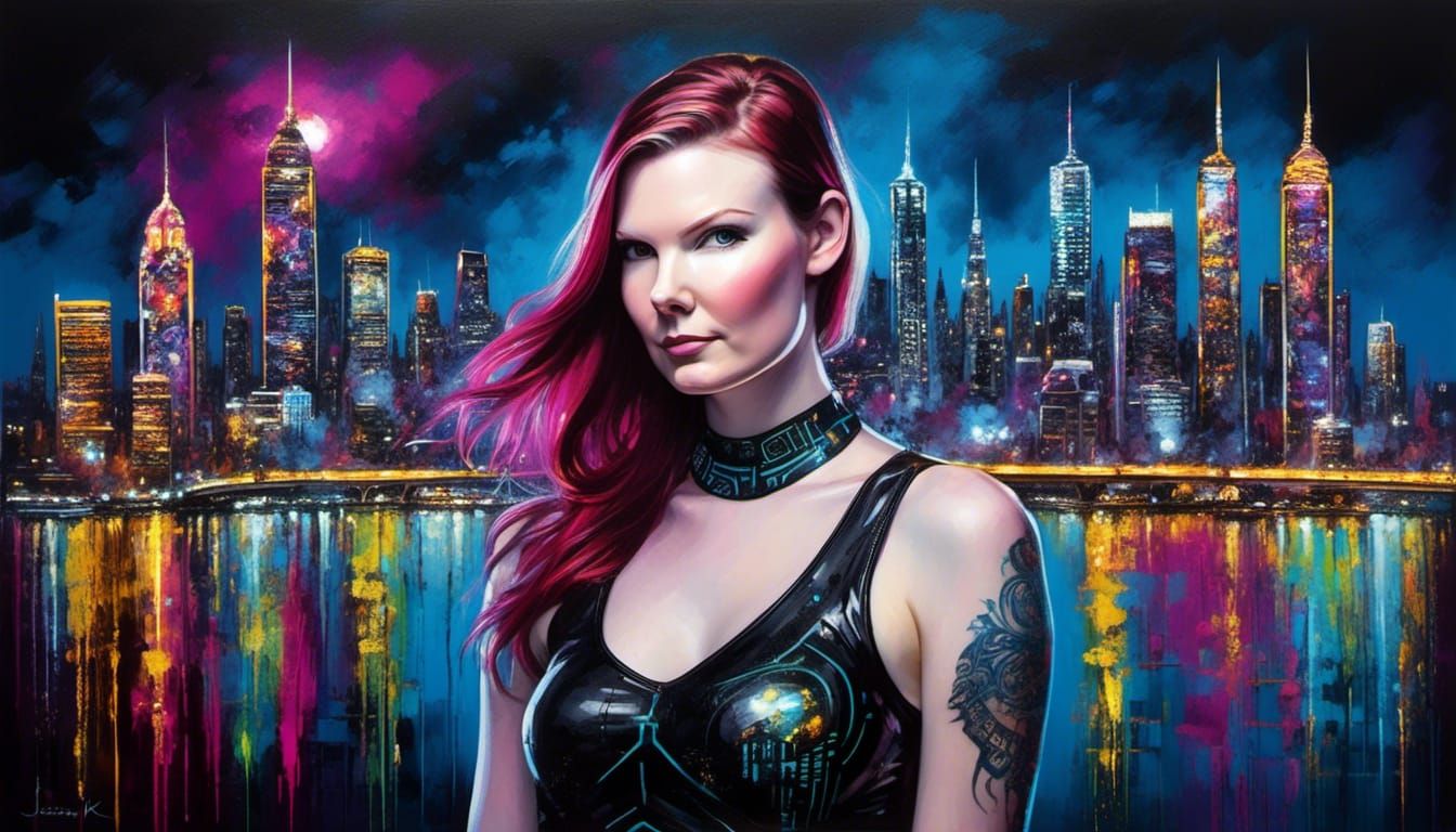 Woman Overlooking Cyberpunk City in Gothic Punk Style