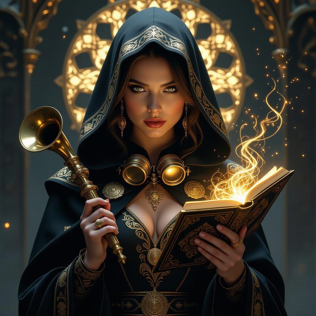 “Hyper-realistic mystical steampunk portrait of a female Heraldess alchemist, poised and enigmatic, holding an ornate brass speaking horn an...