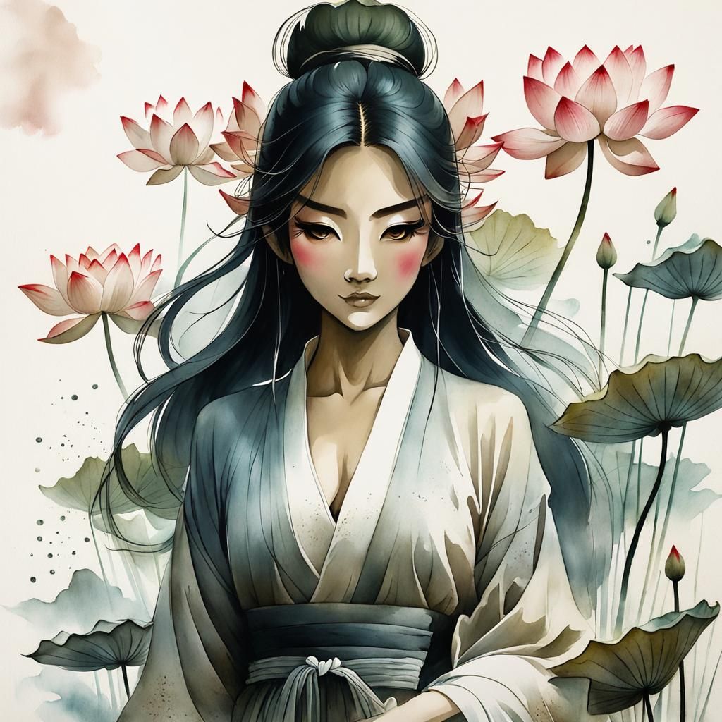 pretty water demon girl, lotus flower bunch, muted chinese i...