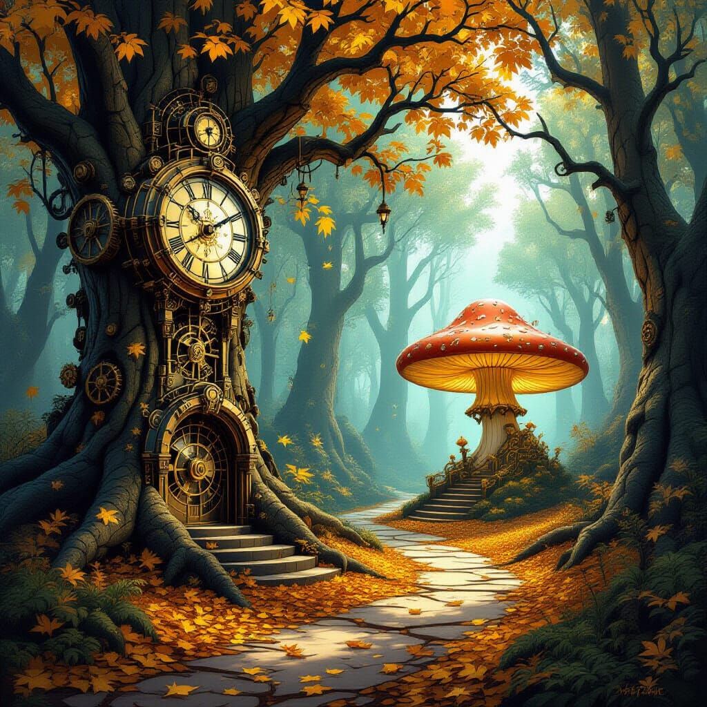A mysterious, enchanted forest where the trees are made of intricate clockwork mechanisms and the ground is carpeted with fallen golden leav...