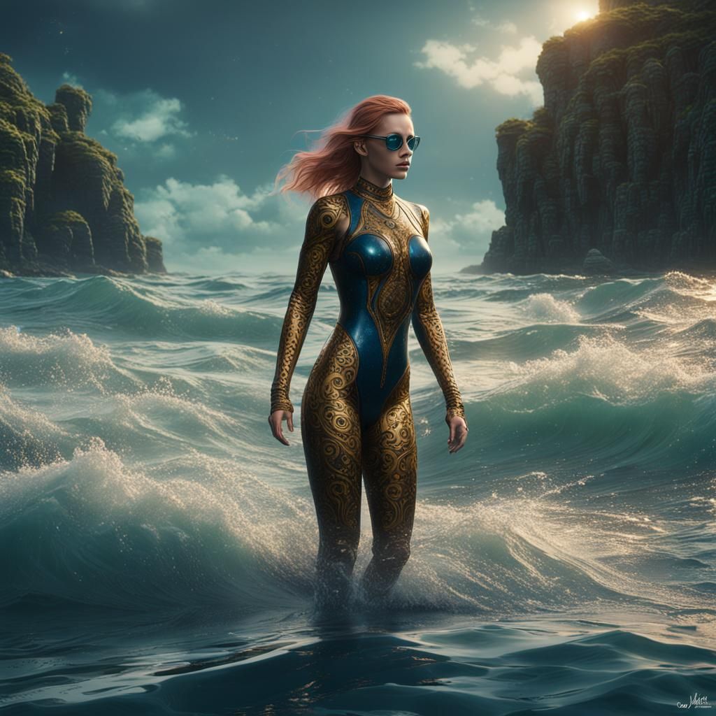 latex swimsuit woman in Pacific ocean