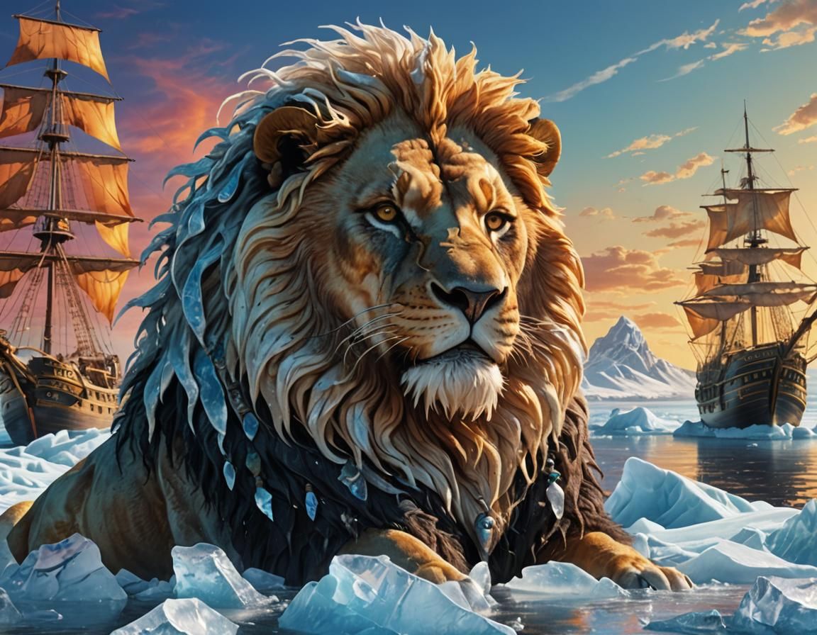 A majestic lion made partially of ice