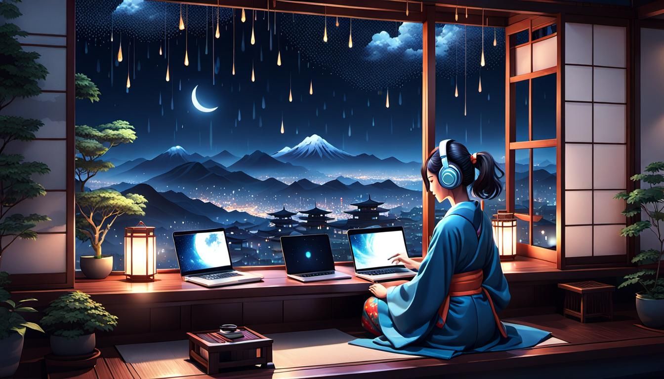Lofi girl working night rain sparks