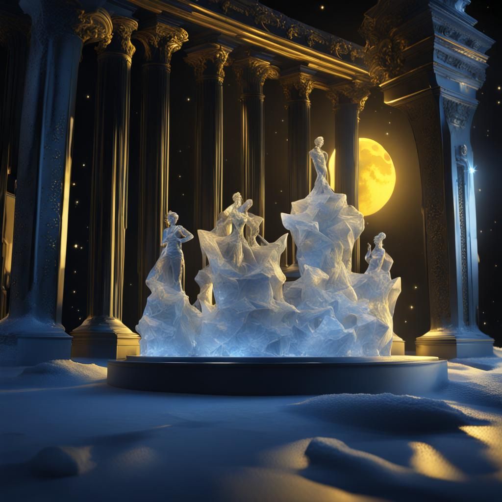 Ice sculpture of an opera sequence set in a nighttime atmosp...