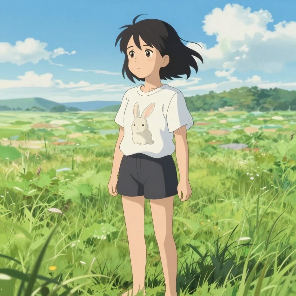 Anime Woman in Grassy Field, Dreamlike Lighting