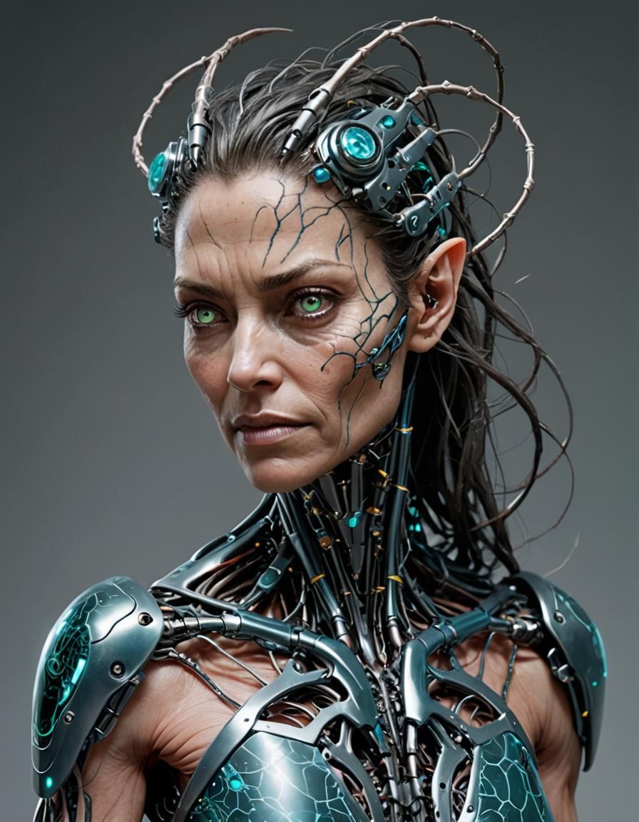 A middle-aged female biopunk has bioluminescent veins, insect-like eyes, and reactive fibre hair.  by @Kuris
