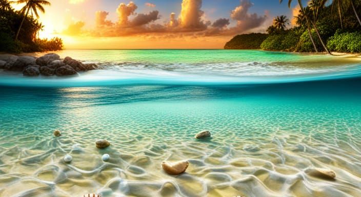 Sunny beach in the lagoon, the water is clear, blue and gree...