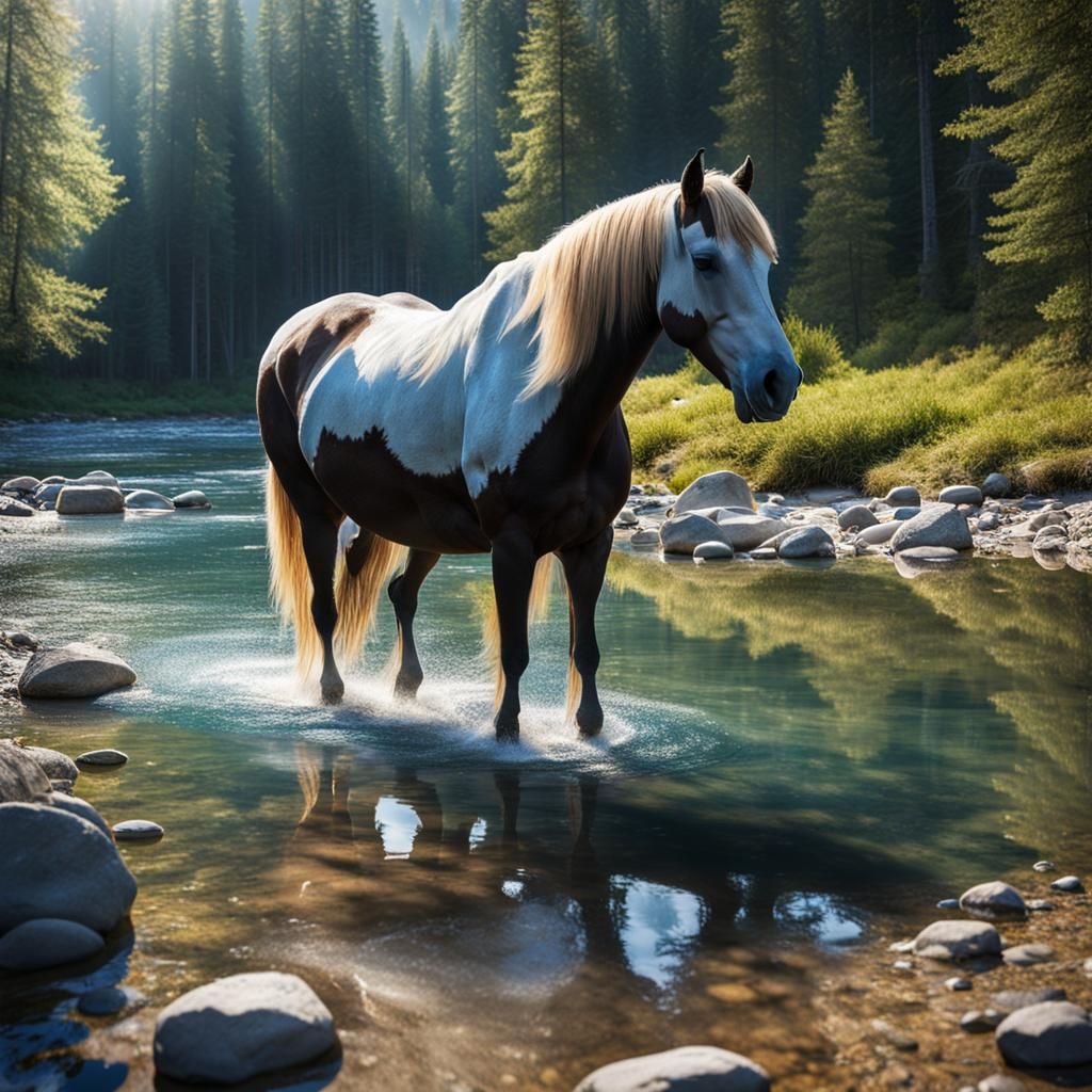 a horse in a clear river on a sunny day on the edge of a for...