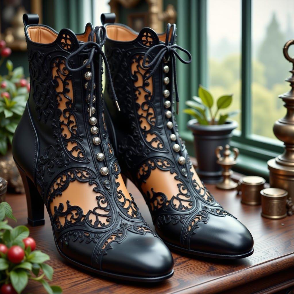 a pair of shoes<lora:Victorian Gothic:1.0> 
