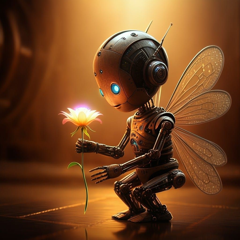 Futuristic Robot Fairy Offers a Flower