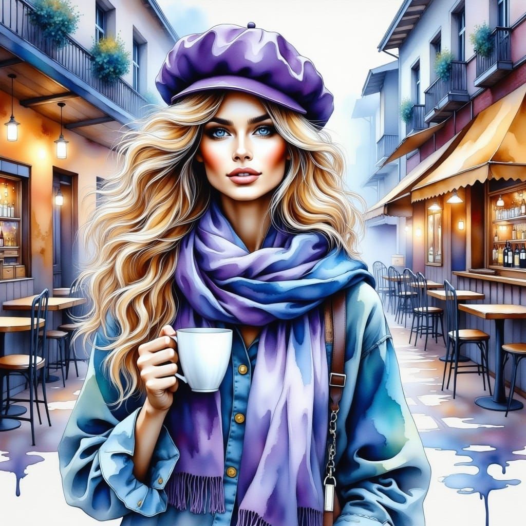 <lora:WatercolorPaintiFlux:1.0> A stunning woman, blond hair, with a thick wool shirt, a hot wool beret, scarf, in a picturesque bar drinkin...