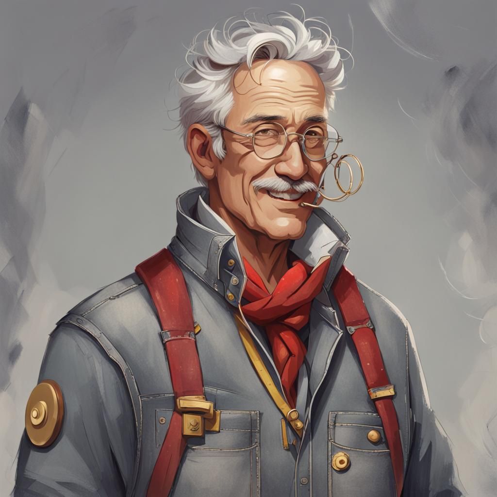 Fantasy illustration of a man smiling in his fifties, dresse...