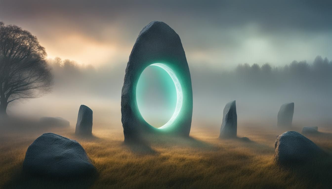 standing stones in a misty field, with a (vertical, circular...