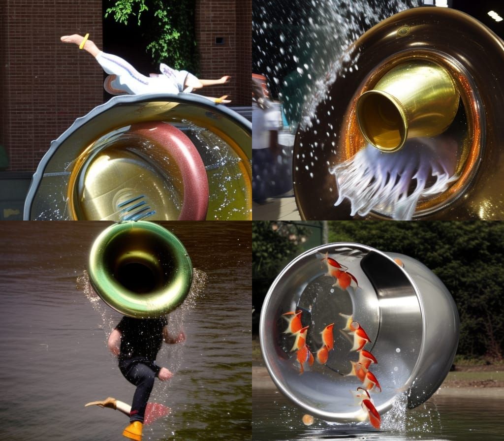 fish jumping from tuba full of water