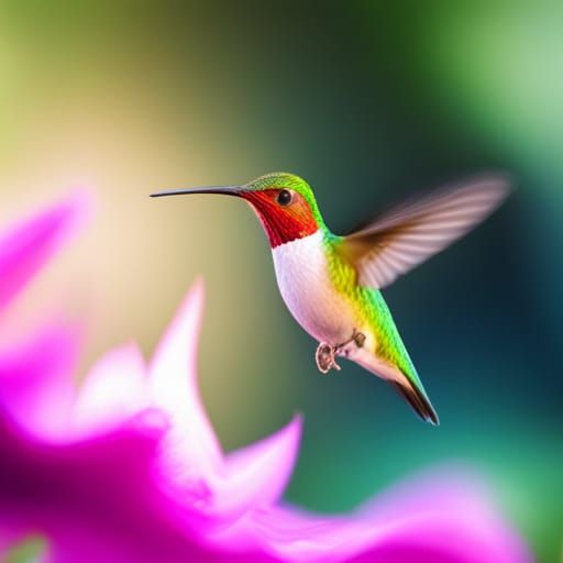 Whimsical and bright and colourful hummingbird, realistic, 8...