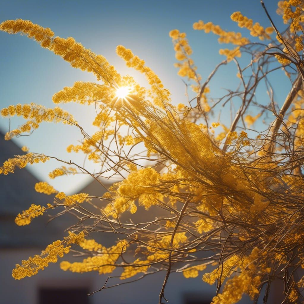 a very huge bouquet of fresh mimosa branches blown apart by ...