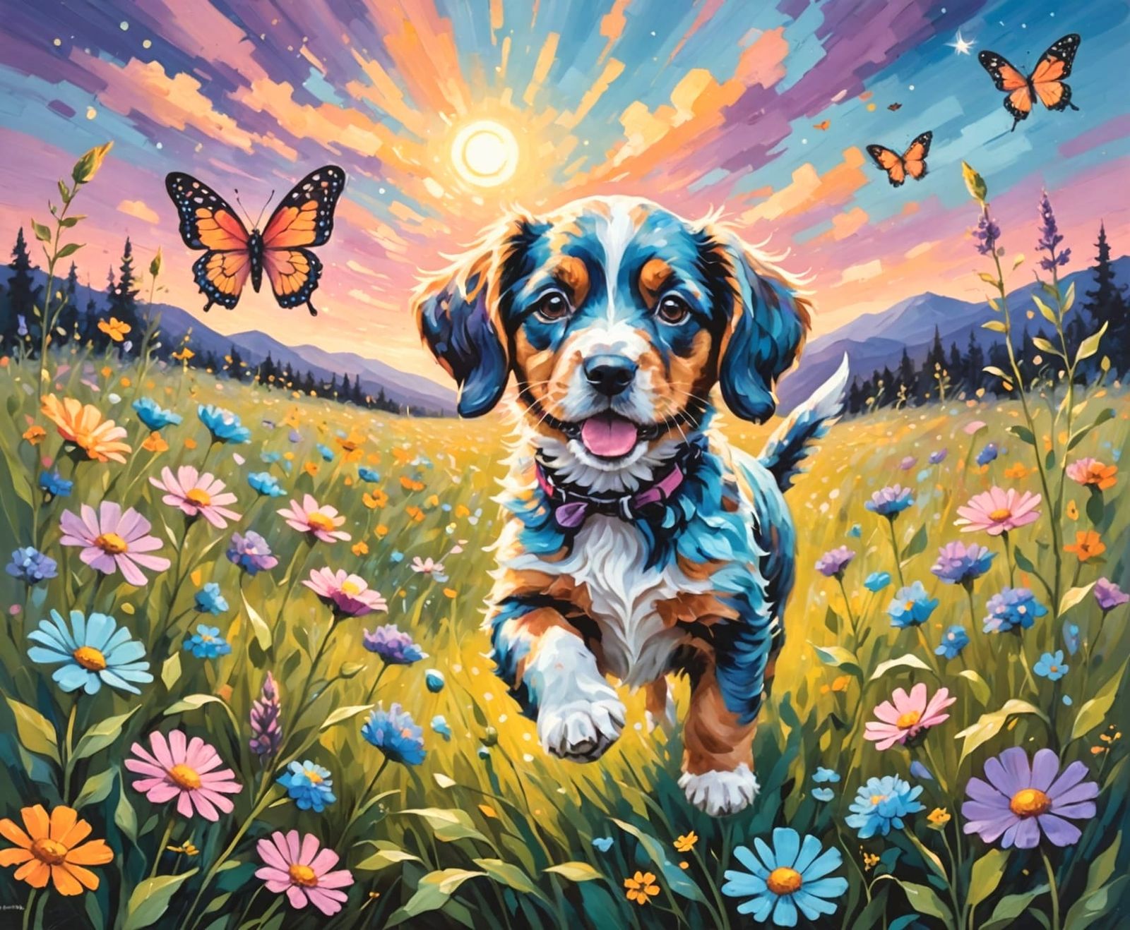Puppy Chases Sparkling Butterflies.  by @Patricia Maffezzini