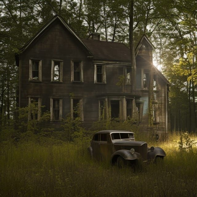 Nighttime Haunted house with eerie lighting in a clearing in the woods with an old rusty car. Ghosts ...  by @Sullivan-Shaw