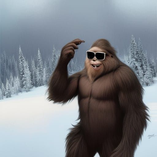 bigfoot smiling with black sunglasses, on a winter resort - AI