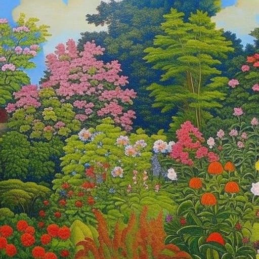 depicts a majestic garden in bright colors. The paintings sh...