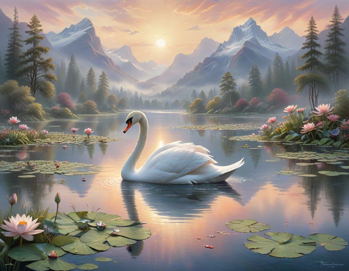 Majestic Swan on Misty Lake at Dawn