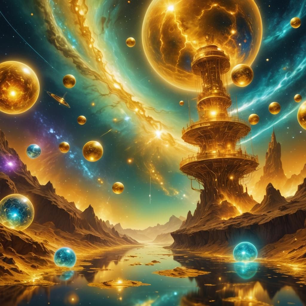 Gold in river, colorful galaxies, and energy gateways, elect...