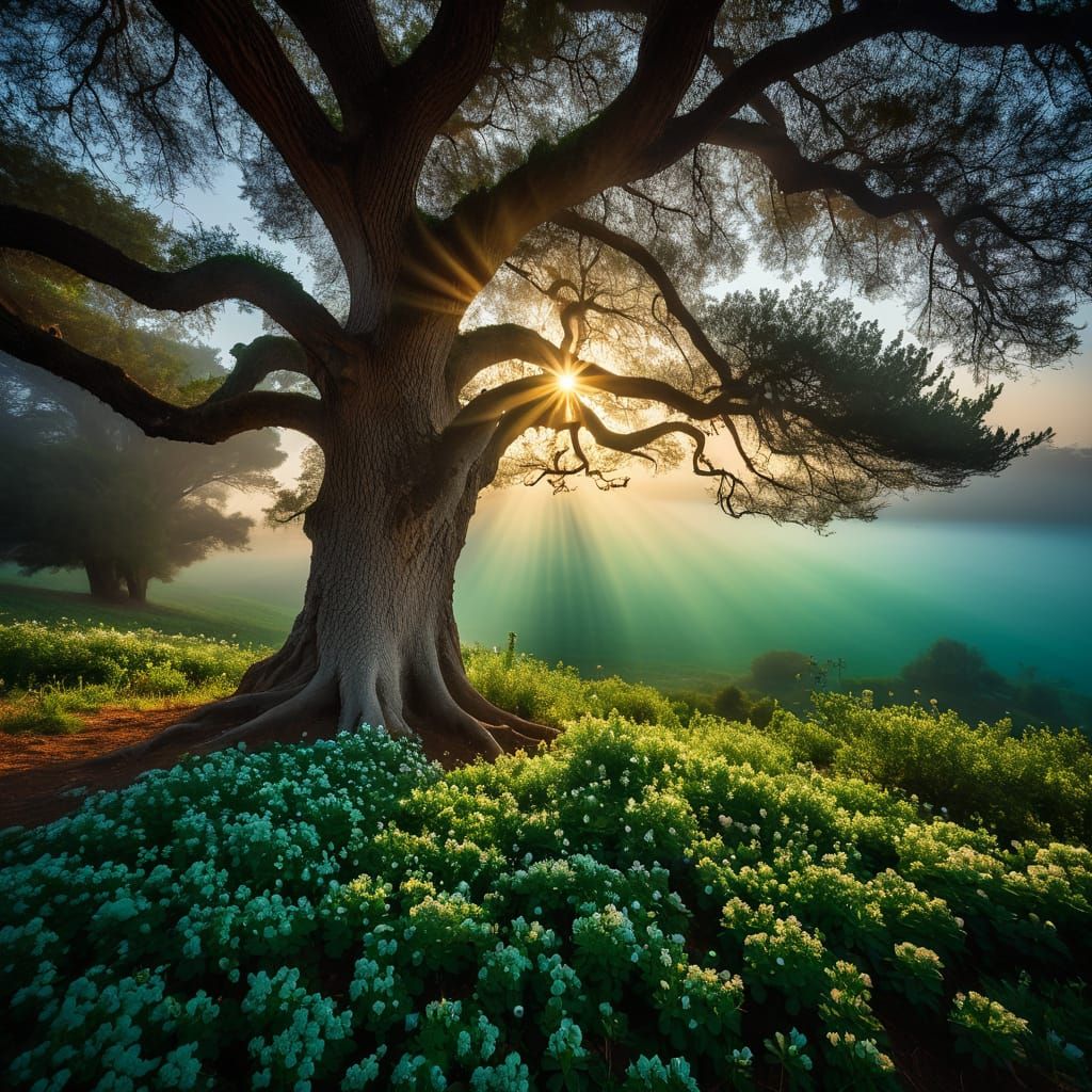 Cyprus tree with a twisting trunk stands majestically in a serene scene