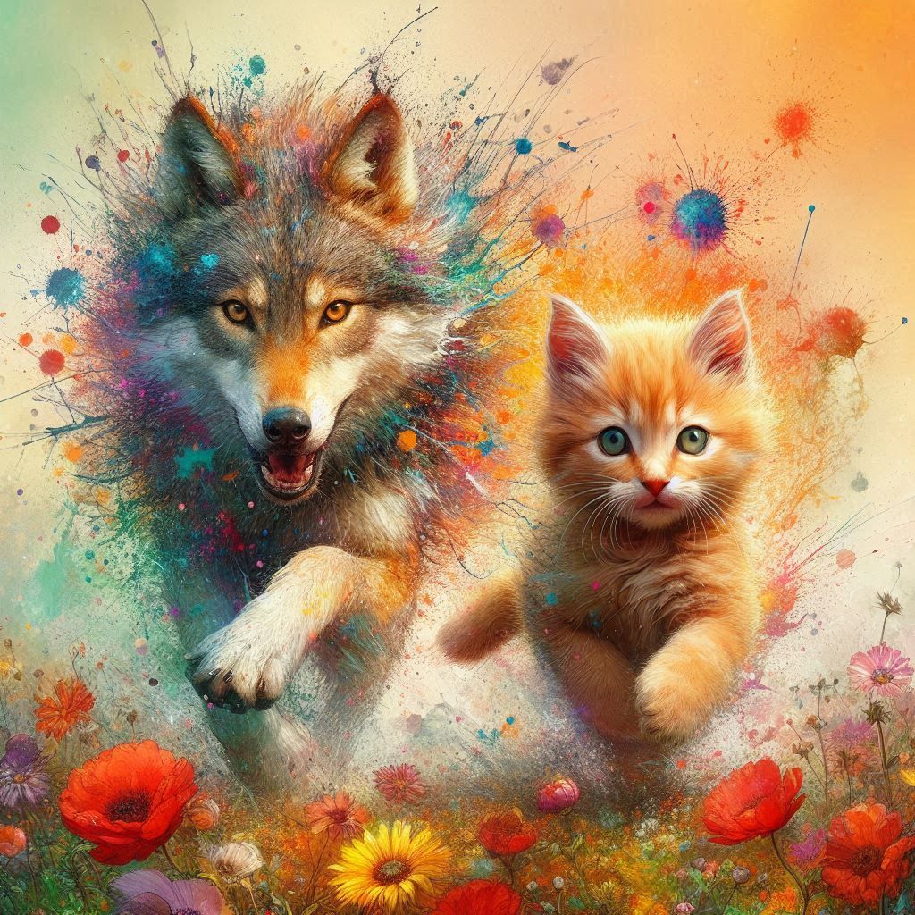 Racing in the Meadow: Kitten & Wolf Siblings