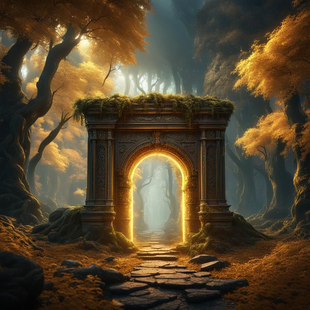 Portal in the woods dark gold glowing