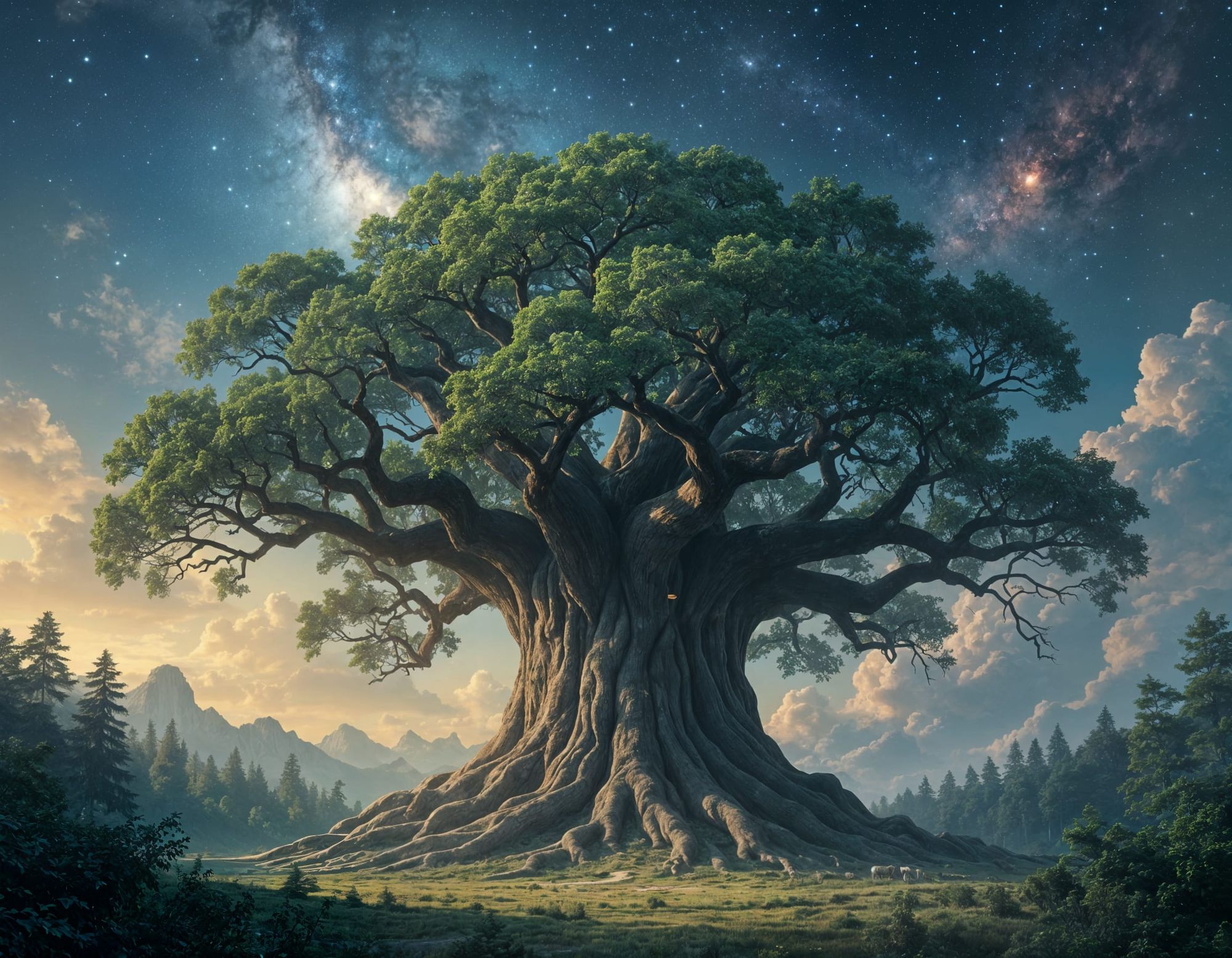 Au dessus d'une clairière au sein d'une forêt ancienne, un Arbre absolument colossal ! Il est plus grand que des montagnes ! Il semble attei...