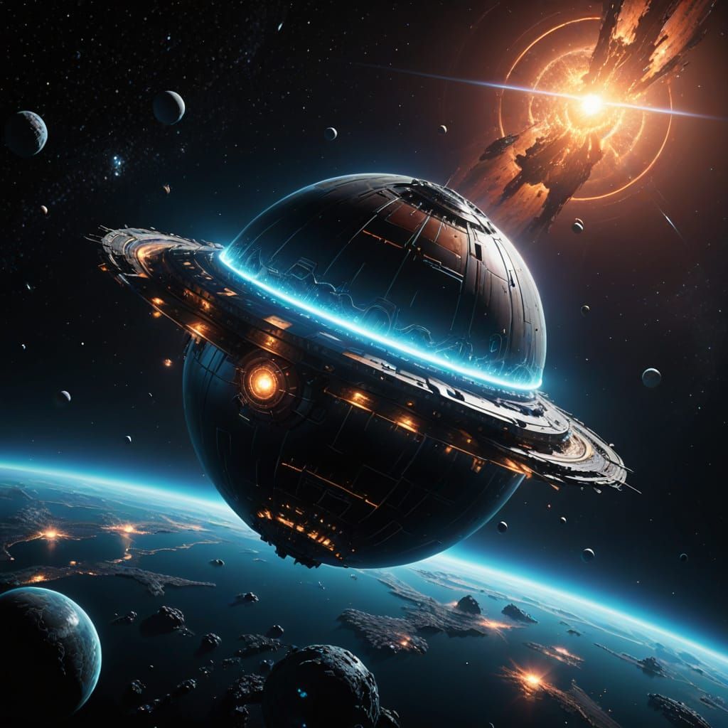 A mesmerizing realistic shiny metallic Spacecraft.amazing journey through the Galaxy.A  unknown bioluminescent planet , cinematic lighting, ...