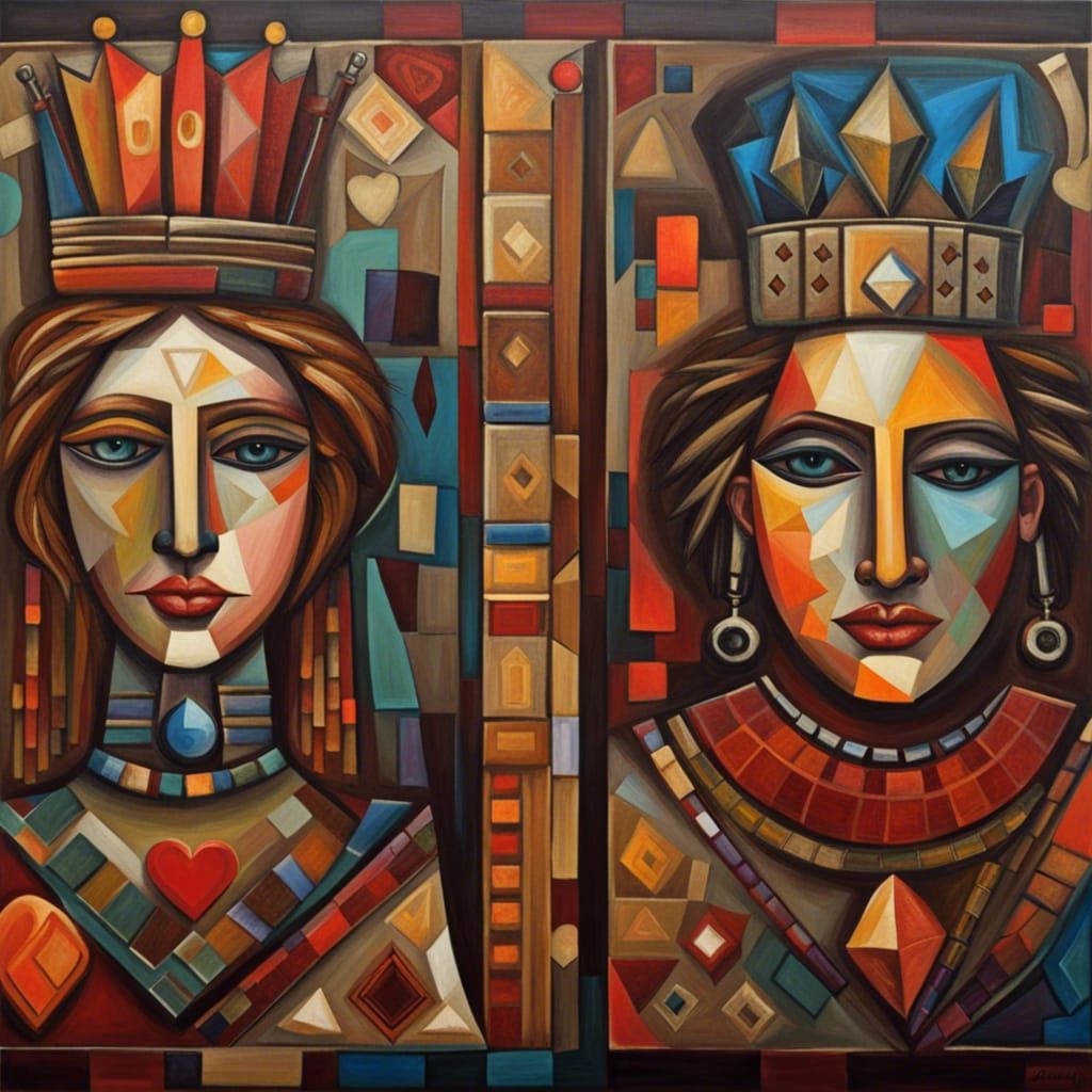 Create an imaginative oil painting featuring the king and queen face